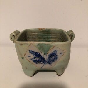 Japanese Celadon Glazed Ceramic Tripod Planter with Blue Motif